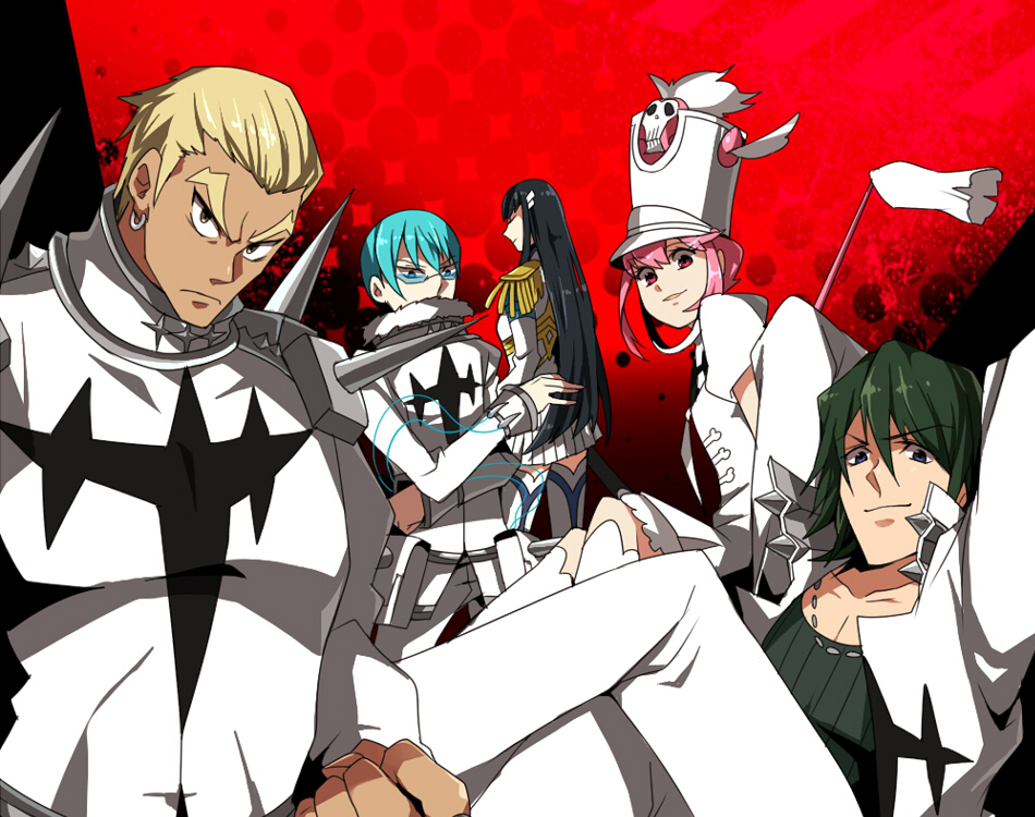 10s 2girls 3boys bad_id bad_pixiv_id black_hair blonde_hair blue_hair coat earrings epaulettes gamagoori_ira glasses green_hair hat inumuta_houka jakuzure_nonon jewelry kill_la_kill kiryuuin_satsuki crossed_legs mojya multiple_boys multiple_girls pink_hair sanageyama_uzu shako_cap sitting uniform