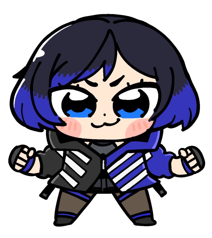 1girl :3 bkub black_hair black_jacket blue_hair blue_jacket blush brown_pantyhose chibi chibi_only clenched_hands closed_mouth colored_tips dot_nose fingerless_gloves full_body gloves hood hood_down hooded_jacket jacket legs_apart looking_at_viewer multicolored_hair multicolored_jacket pantyhose reina_(tekken) short_hair simple_background smile solo split-color_clothes standing straight-on tekken tekken_8 thigh_strap three-quarter_sleeves two-tone_hair two-tone_jacket v-shaped_eyebrows white_background