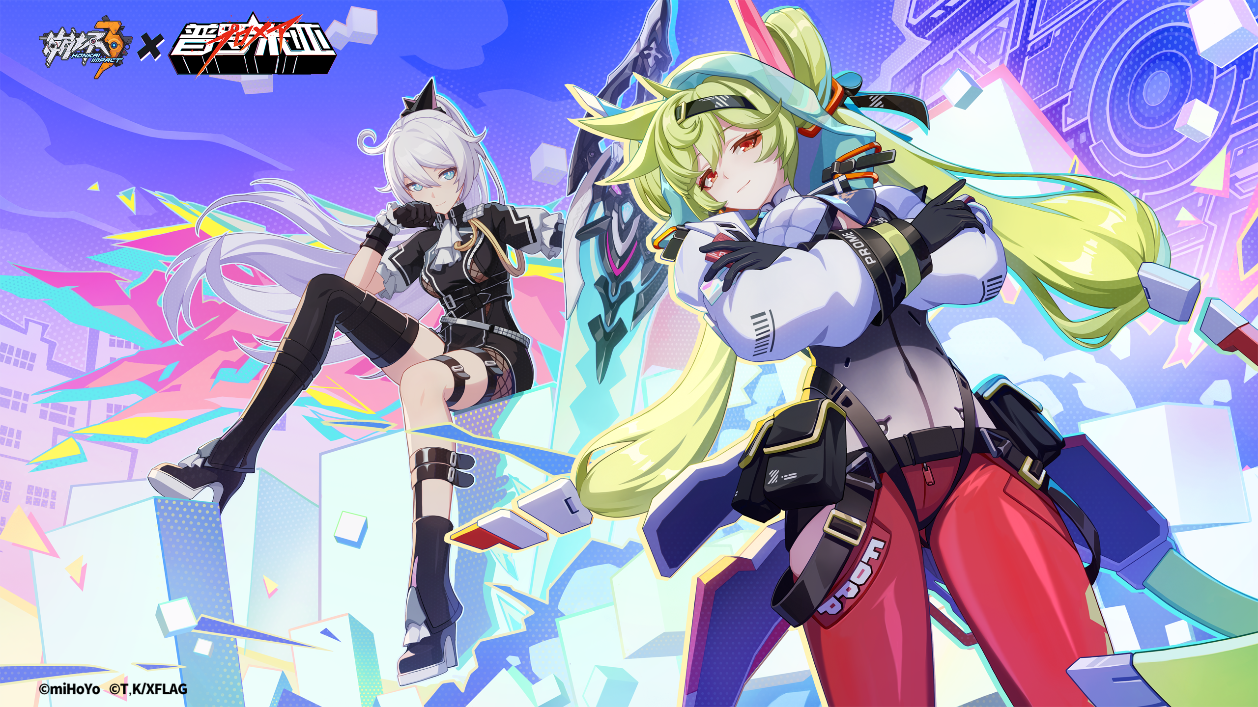 2girls ahoge ai-chan_(honkai_impact) ai_hyperion_lambda ai_hyperion_lambda_(chrono_navi) artist_collaboration black_footwear black_gloves black_headwear black_shorts blue_eyes chinese_commentary closed_mouth copyright_name cosplay crossed_arms eyeliner galo_thymos galo_thymos_(cosplay) gloves green_hair hair_between_eyes hand_on_own_chin highres holding holding_sword holding_weapon honkai_(series) honkai_impact_3rd kiana_kaslana kiana_kaslana_(herrscher_of_flamescion) lio_fotia lio_fotia_(cosplay) logo long_hair long_sleeves looking_at_viewer makeup multiple_girls official_alternate_costume official_art official_wallpaper ponytail promare red_eyeliner red_eyes shorts single_thighhigh sitting smile sword thigh_strap thighhighs twintails upper_body weapon white_hair white_sleeves