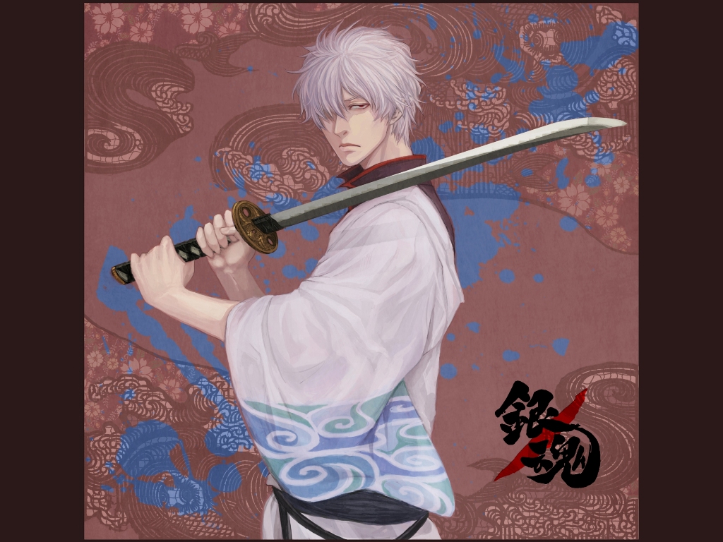 1boy from_side frown gintama hair_over_one_eye half-closed_eyes holding holding_sword holding_weapon japanese_clothes katana male_focus red_eyes sakata_gintoki serious solo sword tatsuko_(chenzi) upper_body weapon white_hair