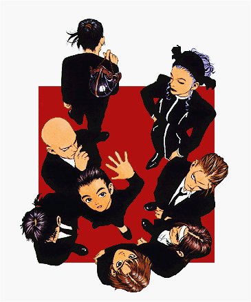 3girls 5boys angela_belti annie_hamilton atlus black_theme formal_clothes gouketsuji_ichizoku gouketsuji_otane hattori_saizo hattori_saizou keith_wayne lowres multiple_boys multiple_girls murata_range official_art ooyama_reiji suit thin-nen thin_nen white_buffalo