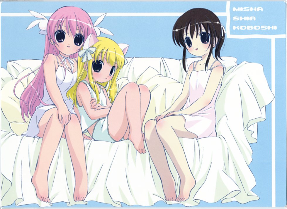 3girls animal_ears bare_legs barefoot black_hair blonde_hair blue_eyes blush brown_hair rabbit_hair_ornament camisole cat_ears collarbone dress feet hair_ornament knees_up long_hair looking_at_viewer misha misha_(pita_ten) multiple_girls official_art pajamas panties pink_hair pita_ten ponytail sakai_kyuuta shia shia_(pita_ten) sidelocks sitting spaghetti_strap tareme toes uematsu_koboshi underwear very_long_hair white_dress
