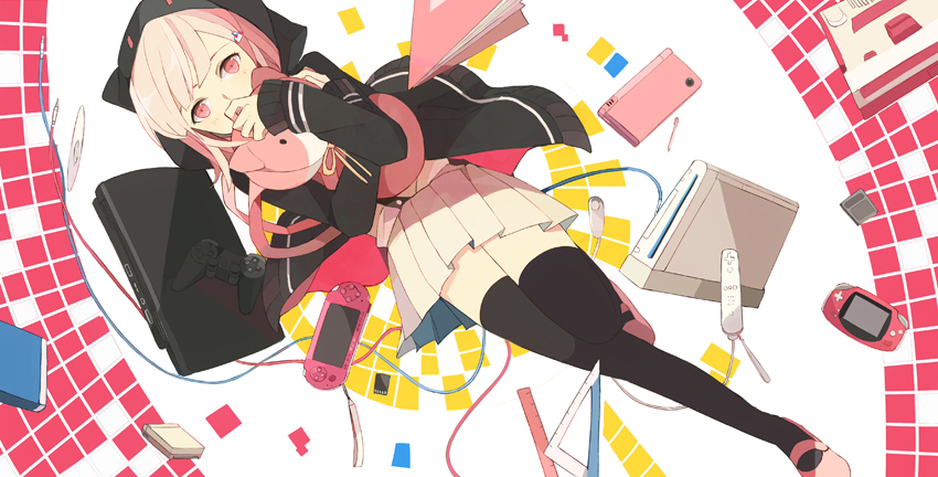 10s 1girl backpack bad_id bad_pixiv_id bag black_thighhighs danganronpa_(series) danganronpa_2:_goodbye_despair famicom female_focus game_console hair_ornament hairclip handheld_game_console hood hoodie kashi_(number) nanami_chiaki nintendo nintendo_ds notebook pink_eyes pink_hair playstation_3 playstation_portable ruler school_uniform solo stuffed_animal stuffed_toy thighhighs triangle wii zettai_ryouiki