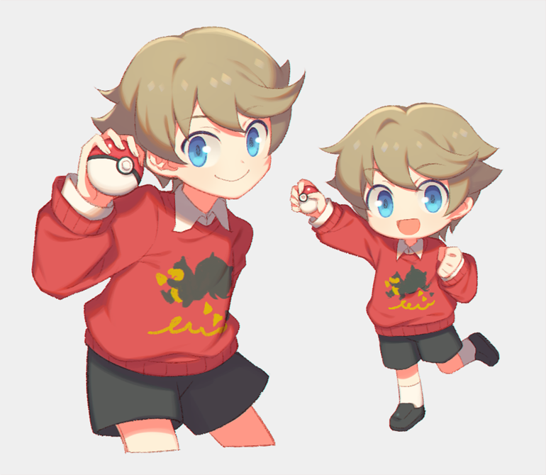1boy black_shorts blonde_hair blue_eyes chibi closed_mouth collared_shirt commentary_request hand_up happy holding holding_poke_ball long_sleeves looking_at_viewer male_focus multiple_views nintendo poke_ball poke_ball_(basic) pokemon pokemon_swsh red_sweater shirt short_hair shorts simple_background smile sweater white_background white_shirt wusagi2 youngster_(pokemon)