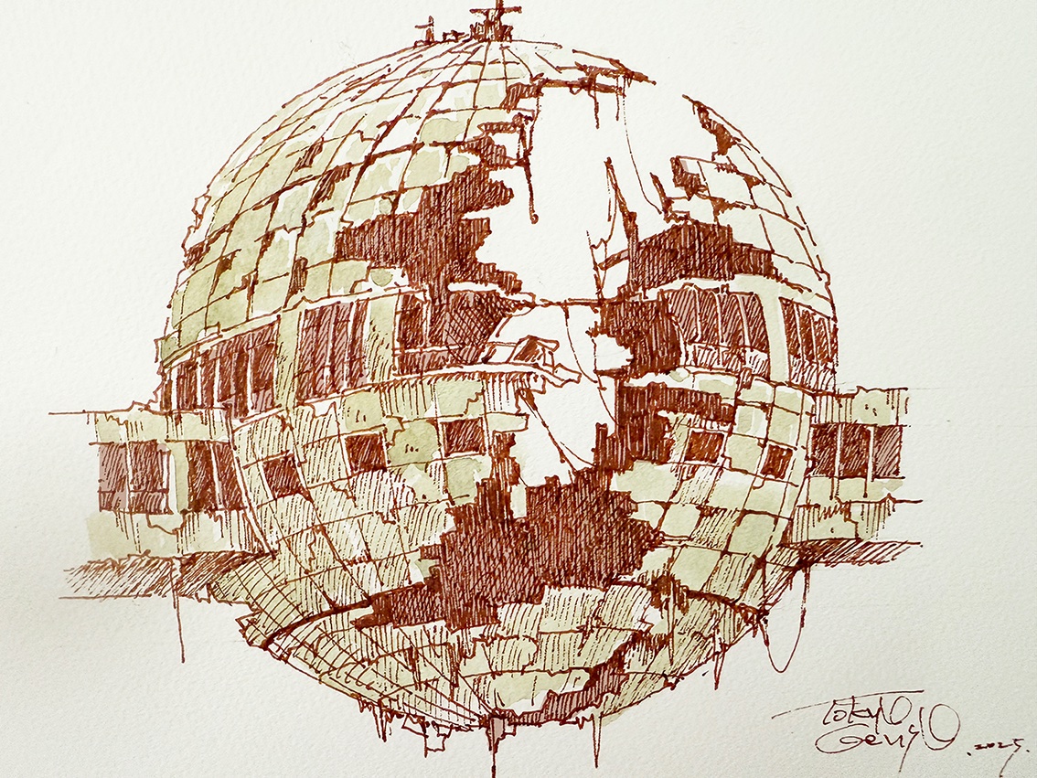 2025 abandoned commentary_request dilapidated fuji_television_building grey_background no_humans original plant post-apocalypse ruins scenery signature simple_background tokyogenso traditional_media vines
