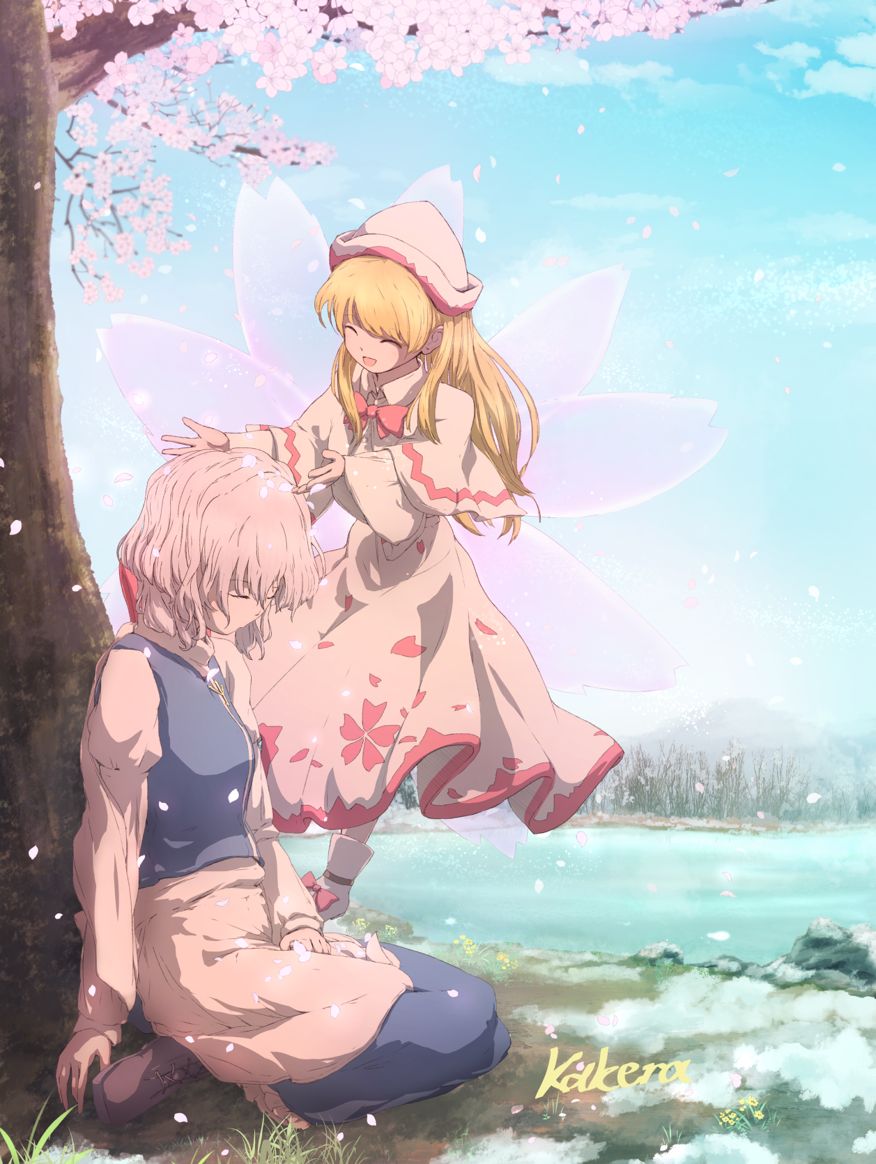 2girls artist_name blonde_hair blue_skirt blue_sky blue_vest bow bowtie capelet cherry_blossoms closed_eyes commentary_request dress fairy fairy_wings falling_petals flying hat highres kakera_(comona_base) letty_whiterock lily_white long_hair long_sleeves multiple_girls open_mouth outdoors petal_print petals pink_bow pink_bowtie pink_petals print_dress skirt sky sleeping smile touhou tree vest water white_capelet white_dress white_hat wide_sleeves wings