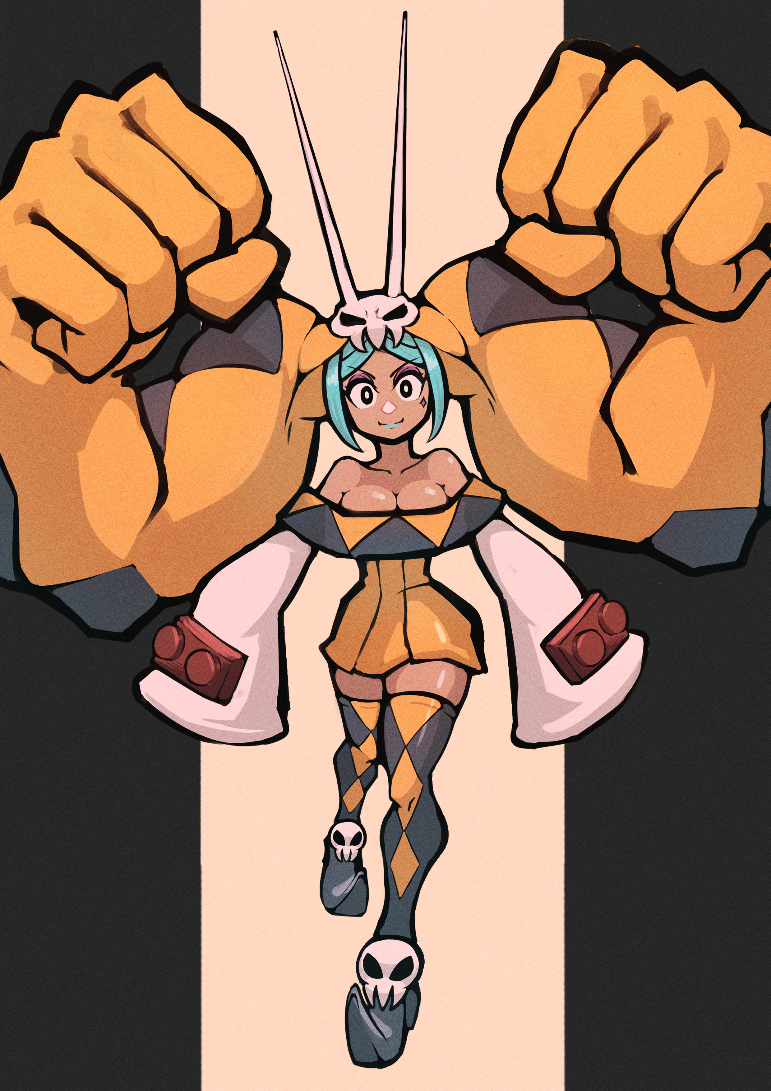 1girl absurdres black_border blue_hair blue_lips boots border breasts cerebella_(skullgirls) cleavage dark-skinned_female dark_skin eyeshadow facing_viewer full_body hat highres long_sleeves makeup onozawa_(buresu21) skirt skullgirls smile solo standing thigh_boots vice-versa_(skullgirls) walking wide_sleeves