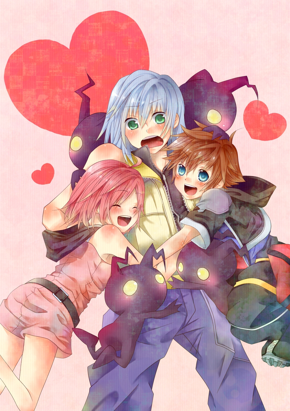 1girl 2boys bad_id bad_pixiv_id blue_eyes blush brown_hair green_eyes heartless highres hug kairi_(kingdom_hearts) kairi_(shery_rakuura) kingdom_hearts multiple_boys pink_hair riku_(kingdom_hearts) shadow_(kingdom_hearts) shirozatou silver_hair sora_(kingdom_hearts)
