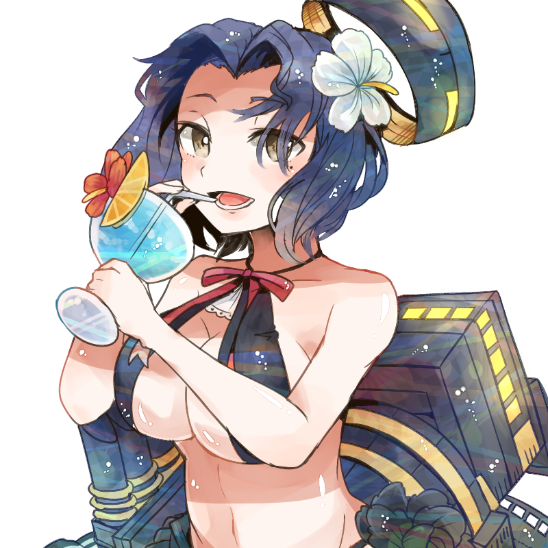 1girl bikini black_bikini breasts brown_eyes cleavage collarbone cup drink drinking_glass drinking_straw flower hair_flower hair_ornament halo holding holding_cup itomugi-kun kantai_collection large_breasts machinery mechanical_halo mole mole_under_eye open_mouth purple_hair rigging short_hair simple_background smile solo swimsuit tatsuta_(kancolle) tatsuta_(swimsuit)_(kancolle) upper_body white_background white_flower