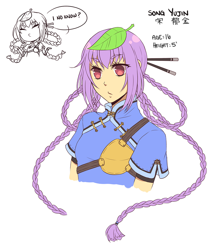 1girl archer_(ragnarok_online) blue_shirt braid breasts character_name closed_mouth leaf leaf_on_head long_hair looking_afar muneate pink_eyes purple_hair ragnarok_online rinslette shirt short_sleeves simple_background small_breasts solo upper_body white_background