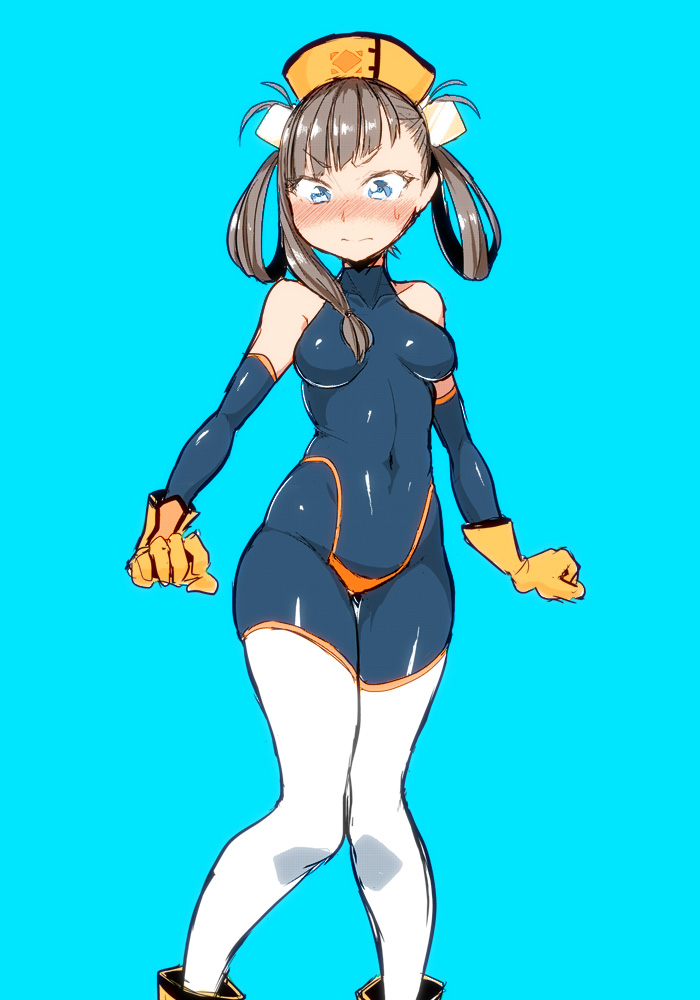 1girl awane_kokoro bare_shoulders blue_background blue_eyes blush bodysuit breasts brown_hair closed_mouth commentary_request covered_navel cube_hair_ornament diagonal_bangs embarrassed feet_out_of_frame gloves hair_ornament hair_rings hat ken_(koala) long_hair looking_down magia_record:_mahou_shoujo_madoka_magica_gaiden mahou_shoujo_madoka_magica medium_breasts nose_blush simple_background solo standing sweatdrop yellow_gloves yellow_hat