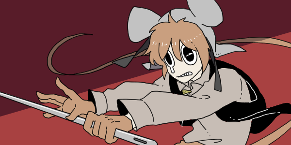 1boy akaiti black_vest brown_hair fake_tail gloves grey_gloves grey_jacket holding holding_weapon jacket male_focus mouse_hat mouse_tail needle present_day_problem_takeuchi_robert randal&#039;s_friends red_background sewing_needle short_hair solo tail teardrop upper_body vest weapon