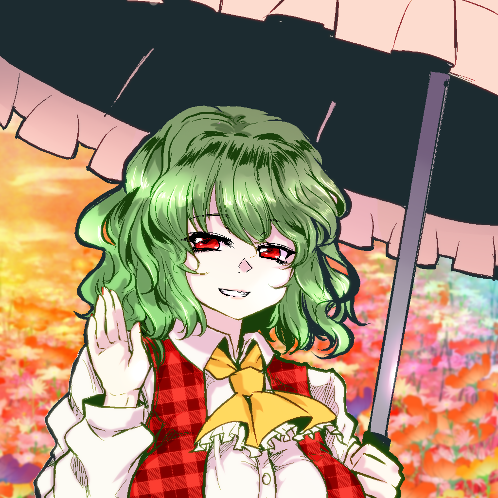 1girl ascot collared_shirt green_hair holding holding_umbrella kazami_yuuka light_smile looking_at_viewer medium_hair mengnaidu parasol portrait red_eyes shirt solo touhou umbrella waving_hands white_shirt yellow_ascot