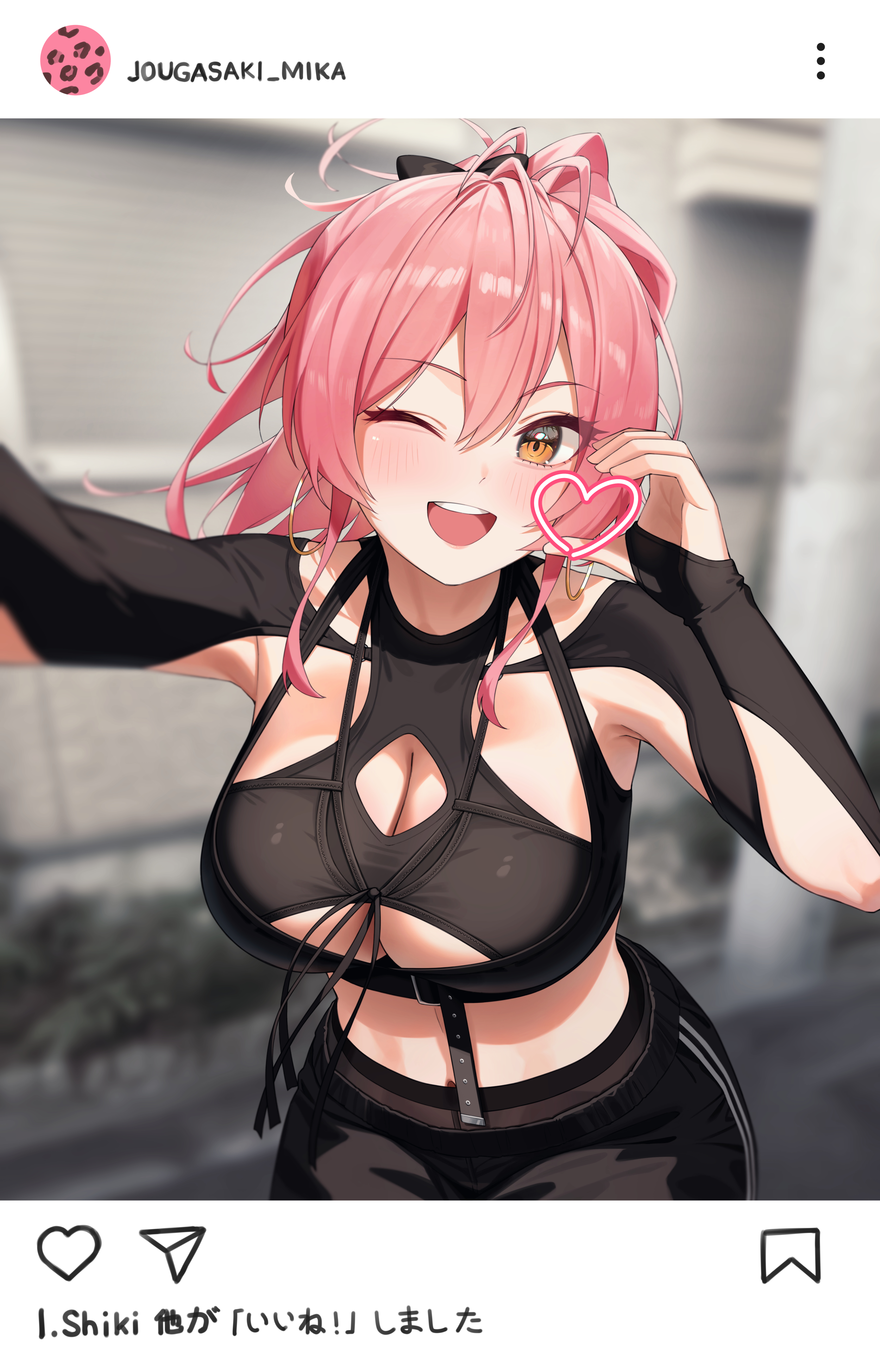 1girl absurdres black_pants blurry blurry_background blush breasts brown_hair character_name commentary_request fake_screenshot hair_between_eyes hear_(kpmf4732) heart_cheeks highres idolmaster idolmaster_cinderella_girls jougasaki_mika large_breasts long_hair looking_at_viewer midriff multi-strapped_shirt navel_peek one_eye_closed open_mouth outstretched_arm pants pink_hair ponytail profile_picture smile solo teeth upper_teeth_only