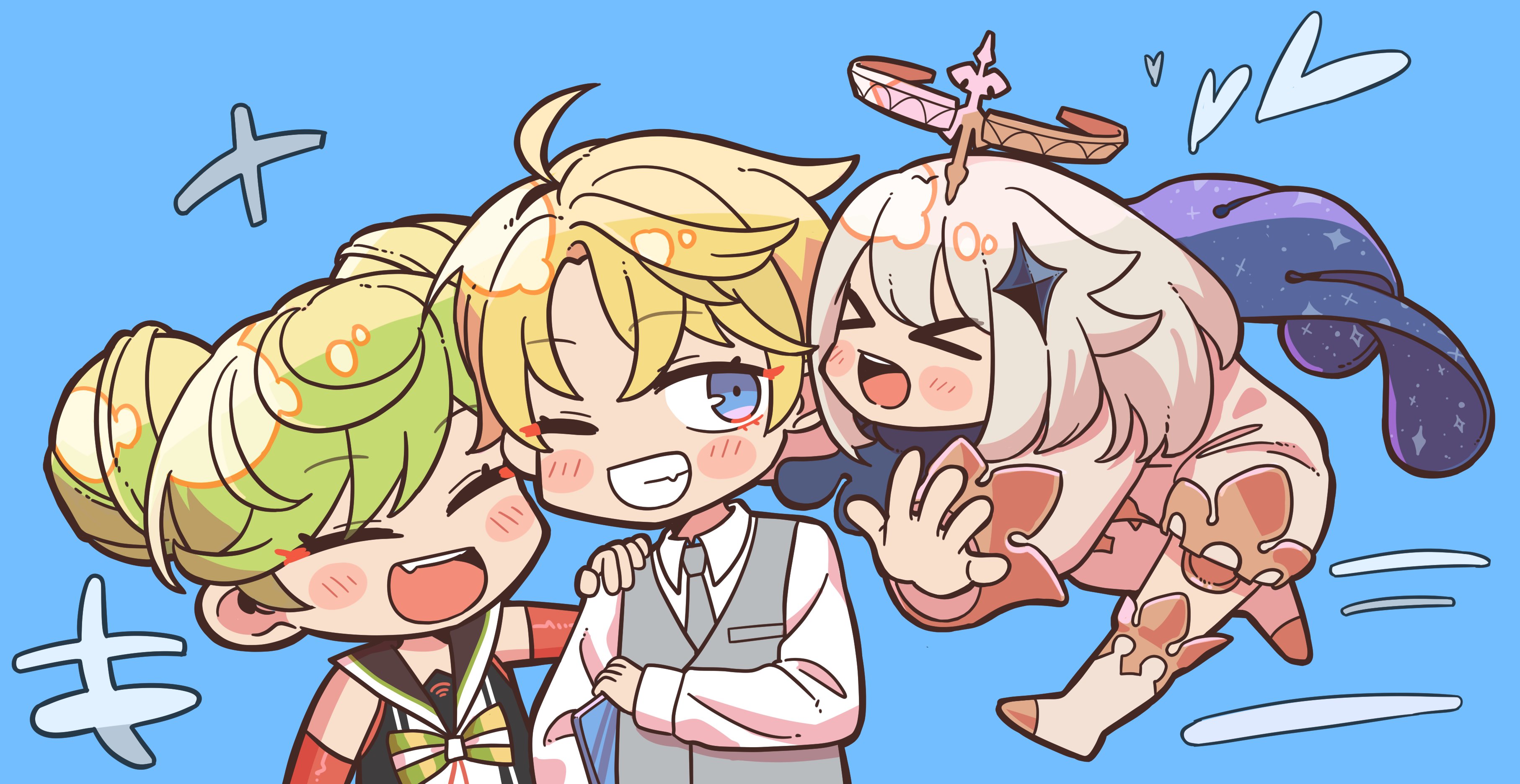 >_< 1boy 2girls :d :o absurdres ai-chan_(honkai_impact) black_scarf blonde_hair blue_background blue_eyes boots closed_eyes company_connection crossover davis_(tears_of_themis) double_bun dress genshin_impact green_hair grey_necktie grey_vest grin hair_bun halo highres holding holding_tablet_pc honkai_(series) honkai_impact_3rd long_hair long_sleeves mihoyo multiple_girls necktie one_eye_closed open_mouth paimon_(genshin_impact) paipaimonmon polo_shirt scarf short_hair simple_background sleeveless sleeveless_dress smile tablet_pc tears_of_themis teeth vest white_dress white_footwear white_hair white_sleeves