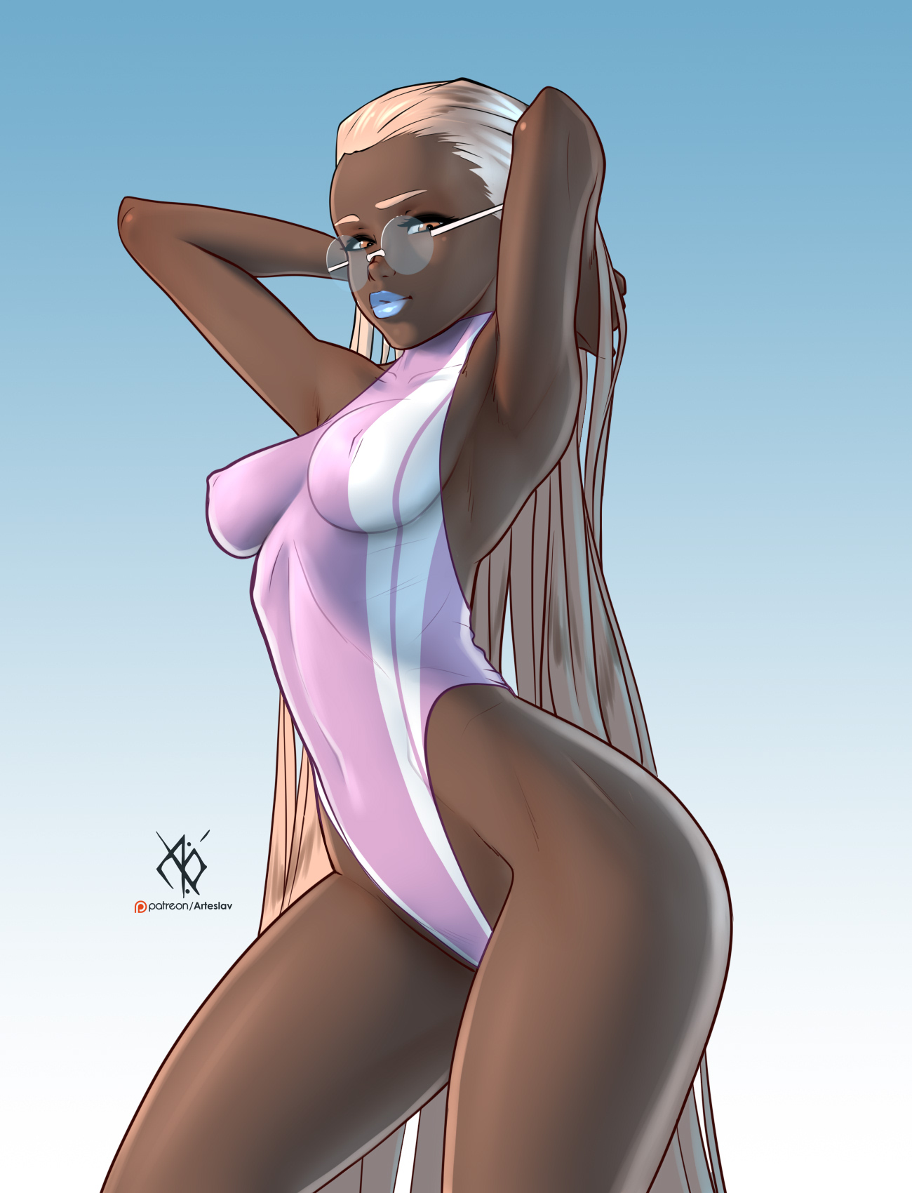 1girl armpits arms_behind_head arms_up arteslav artist_name athma_(arteslav) blonde_hair breasts brown_eyes closed_mouth commentary covered_erect_nipples covered_navel dark-skinned_female dark_skin glasses gradient_background highleg highleg_one-piece_swimsuit highres light_smile lips long_hair looking_at_viewer makeup medium_breasts one-piece_swimsuit original signature simple_background smile solo swimsuit thighs very_dark_skin very_long_hair