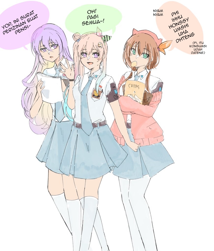 3girls airani_iofifteen airani_iofifteen_(artist) alternate_costume ayunda_risu belt beret black_belt blonde_hair blue_hair blue_neckwear blue_skirt brown_hair cardigan chips_(food) collared_shirt colored_inner_hair food gradient_hair hair_bun hair_ornament hat holding holding_paper hololive hololive_indonesia in_mouth indonesian_commentary indonesian_text leaf_hair_ornament long_hair looking_at_viewer moona_hoshinova multicolored_hair multiple_girls necktie open_mouth pantyhose paper pink_cardigan pink_headwear potato_chips purple_hair shirt side_bun side_ponytail single_side_bun skirt speech_bubble thighhighs translated virtual_youtuber waving white_shirt
