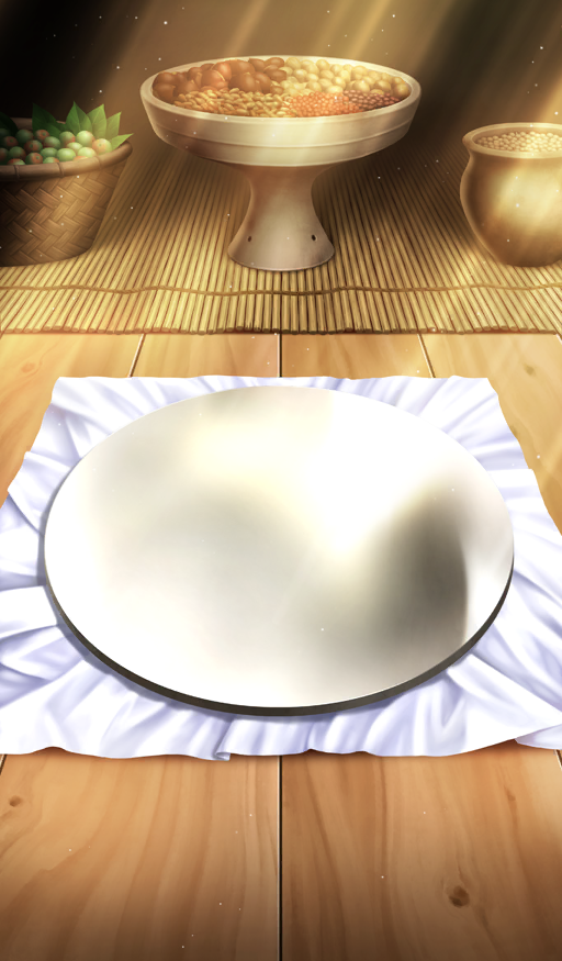 basket brown_background commentary fate/grand_order fate_(series) food lasengle leaf light_particles light_rays mirror no_humans nut_(food) object_focus official_art still_life sunbeam sunlight third-party_source