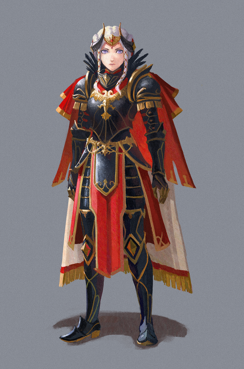 1girl alternate_costume armor black_armor black_shoes breasts cape closed_mouth commentary dress edelgard_von_hresvelg edelgard_von_hresvelg_(timeskip) english_commentary fake_horns fire_emblem fire_emblem:_three_houses full_body grey_background highres horns long_hair looking_at_viewer nintendo purple_eyes red_cape red_dress shadow shoes simple_background solo standing vetsa white_hair