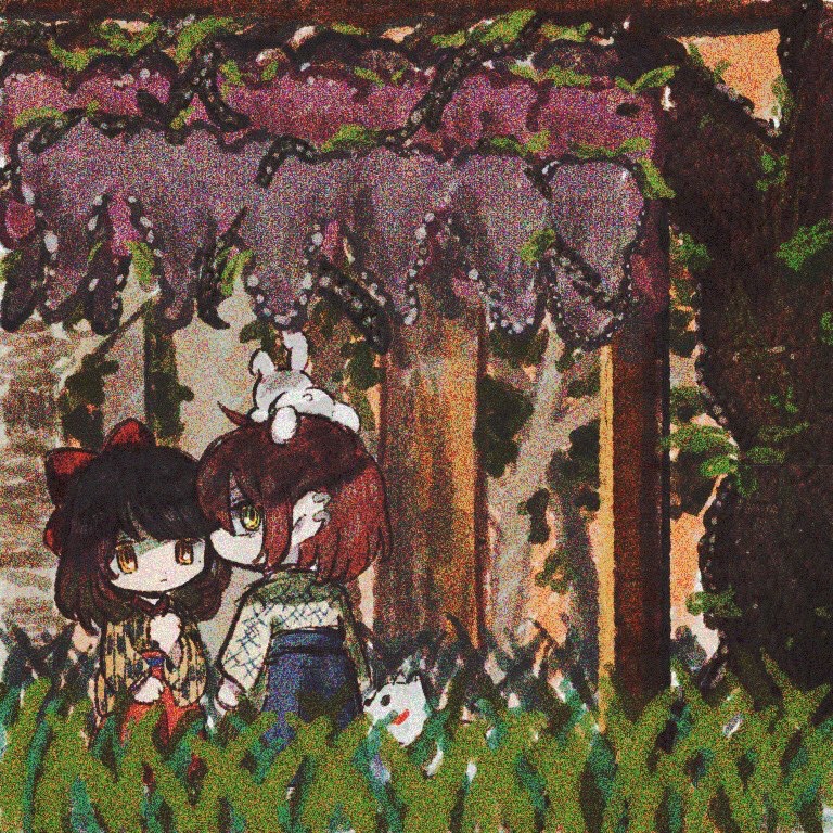 1boy 1girl animal animal_on_head ayazuki_mei black_kimono black_sleeves blue_hakama bow brown_hair checkered_clothes checkered_kimono checkered_sleeves chibi clenched_hand closed_mouth ear_piercing expressionless face-to-face feet_out_of_frame food forest from_behind fruit grapes grass hair_bow hakama hand_on_own_chest izumi_kyouka_(meiji_tokyo_renka) japanese_clothes kimono long_sleeves looking_at_another looking_at_viewer looking_back medium_hair meiji_tokyo_renka nature no_mouth on_head orange_eyes orange_sky outdoors piercing plaid_clothes plaid_kimono plaid_sleeves rabbit rabbit_on_head red_bow red_hair red_hakama shaded_face short_hair short_kimono sky sugi_haeru sunset two-tone_kimono two-tone_sleeves white_dog white_kimono white_sleeves wide_sleeves yellow_eyes yellow_kimono yellow_sleeves