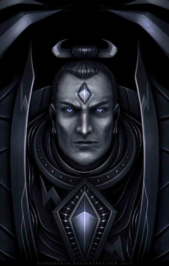 1boy 2015 armor black_hair blue_eyes breastplate chest_jewel deviantart_username dual_wielding forehead_jewel gem glowing glowing_eyes gorget holding icarion_anasem lost_primarch pauldrons power_armor shoulder_armor simple_background solo topknot twin_blades veronica_anrathi warhammer_40k watermark web_address