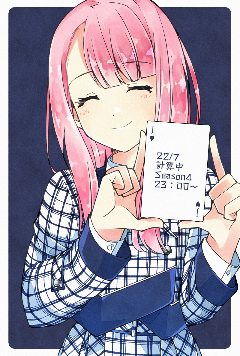1girl 22/7 ^_^ asymmetrical_bangs blue_background blunt_bangs border buttons card closed_eyes closed_mouth cowboy_shot cropped_jacket dress holding holding_card jack_(playing_card) jack_of_hearts kamiki_mikami kumorizora_no_mukou_wa_hareteiru long_hair long_sleeves looking_at_viewer outside_border pink_hair plaid_clothes plaid_dress shirt smile solo trefle_r white_border white_shirt