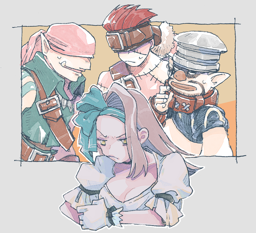 1girl 3boys aqua_hairband bandana belt belt_buckle blank_(ff9) border breasts brown_background brown_belt buckle cinna_(ff9) cleavage clenched_hand dress facial_hair facial_scar fang fang_out final_fantasy final_fantasy_ix furrowed_brow gloves green_shirt grey_border grey_hair hairband hat headband_over_eyes marcus_(ff9) medium_breasts michibata_65 multiple_boys pink_bandana pointy_ears puffy_short_sleeves puffy_sleeves red_hair ruby_(ff9) scar scar_on_cheek scar_on_face scars_all_over shirt short_sleeves sweatdrop too_many upper_body white_dress white_gloves yellow_eyes