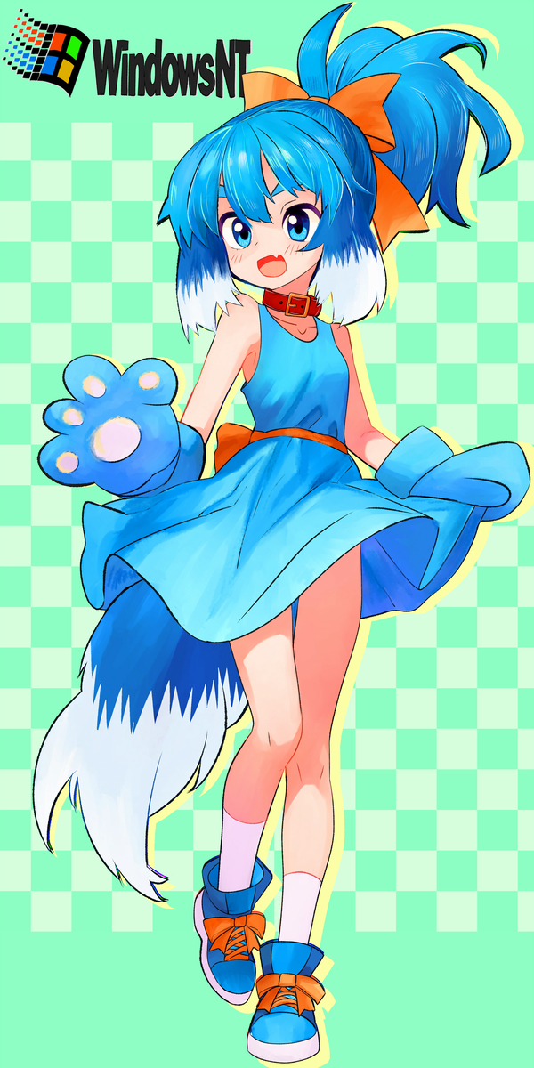 1girl animal_ears animal_hands blue_dress blue_eyes blue_gloves blue_hair blue_shoes bow checkered_background collar dog_girl dog_tail dress fang gloves highres inu-t microsoft_windows nt-tan open_mouth os-tan ponytail ribbon shoes short_dress skin_fang sleeveless sleeveless_dress socks solo standing tail thighs tsukiyono_aroe white_socks windows_logo