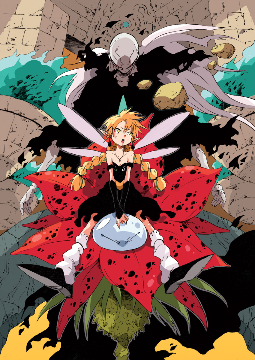 10s 1girl 1other beretta_(tensura) blonde_hair blue_fire braid dress fairy fairy_wings fire jewelry long_hair makkamu necklace pointy_ears ramiris rimuru_tempest shoes slime_(creature) socks tensei_shitara_slime_datta_ken twintails wings yellow_eyes