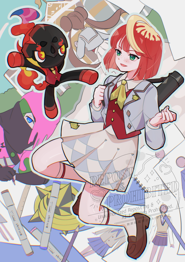 1boy 2girls ahoge atticus_(pokemon) black_gloves blonde_hair blue_eyes brown_hair charcadet collared_shirt cosplay donut_hair_bun double_bun eyelashes freckles gloves green_eyes grey_jacket hair_bun jacket long_hair long_sleeves looking_at_viewer mela_(pokemon) mizuiro123 multicolored_hair multiple_girls neckerchief nintendo official_alternate_color official_alternate_costume open_clothes open_jacket open_mouth pokemon pokemon_(creature) pokemon_masters_ex pokemon_sv red_hair red_vest rosa_(academy)_(pokemon) rosa_(pokemon) rosa_(pokemon)_(cosplay) school_uniform shirt short_hair skirt smile team_star team_star_uniform twintails two-tone_hair vest white_shirt white_skirt yellow_neckerchief