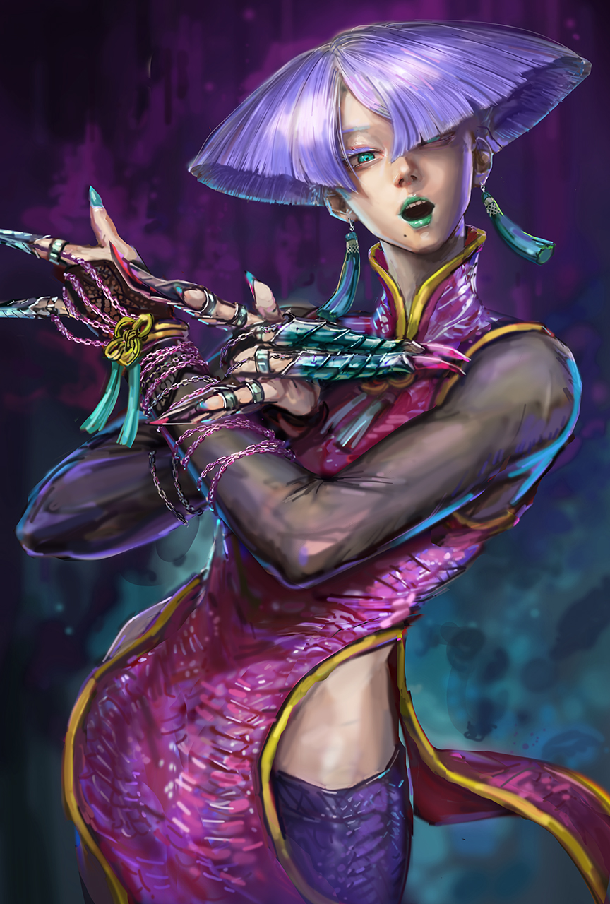 1girl a.k.i._(street_fighter) alternate_color alternate_hair_color aura chain chain_around_arm china_dress chinese_clothes claw_(weapon) claw_ring colored_eyelashes cowboy_shot dress earrings fake_claws fingernails green_eyes green_lips green_nails hair_over_one_eye high_collar highres impossible_hair jewelry lipstick long_fingernails long_sleeves looking_at_viewer makeup miche mole mole_under_mouth nail_polish open_mouth pants pink_dress purple_hair purple_pants sailor_moon_pose shaka_sign sharp_fingernails short_hair sleeveless sleeveless_dress solo street_fighter street_fighter_6 tassel tassel_earrings teeth upper_teeth_only weapon