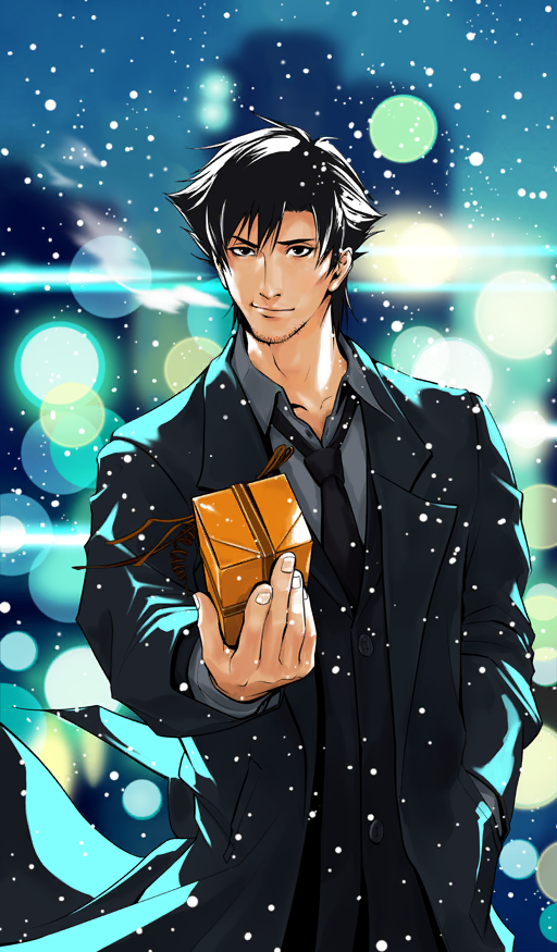 1boy beard_stubble black_eyes black_hair black_jacket black_necktie black_suit blue_background commentary cowboy_shot emiya_kiritsugu facial_hair fate/grand_order fate/zero fate_(series) formal_clothes gift grey_shirt hand_in_pocket holding holding_gift jacket looking_at_viewer male_focus naora_yusuke necktie official_art shirt short_hair smile snowing solo stubble suit third-party_source