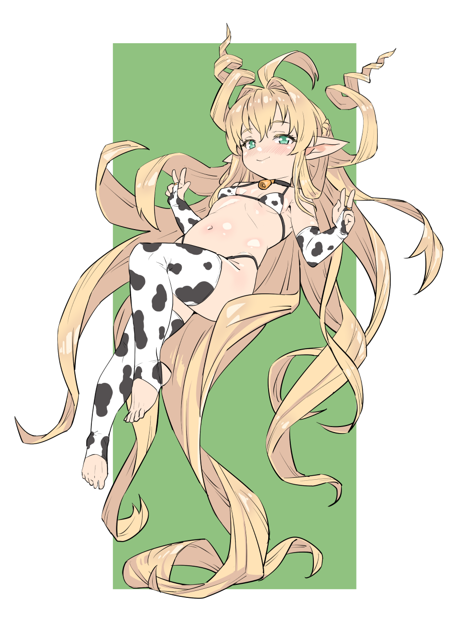 1girl absurdly_long_hair ahoge animal_print bikini blonde_hair blush breasts cow_print cow_print_bikini cow_print_thighhighs granblue_fantasy green_eyes harvin high_heels highres long_hair looking_at_viewer melissabelle navel pointy_ears prehensile_hair print_bikini print_thighhighs small_breasts smile solo stirrup_legwear swimsuit thighhighs toeless_legwear very_long_hair yggsil