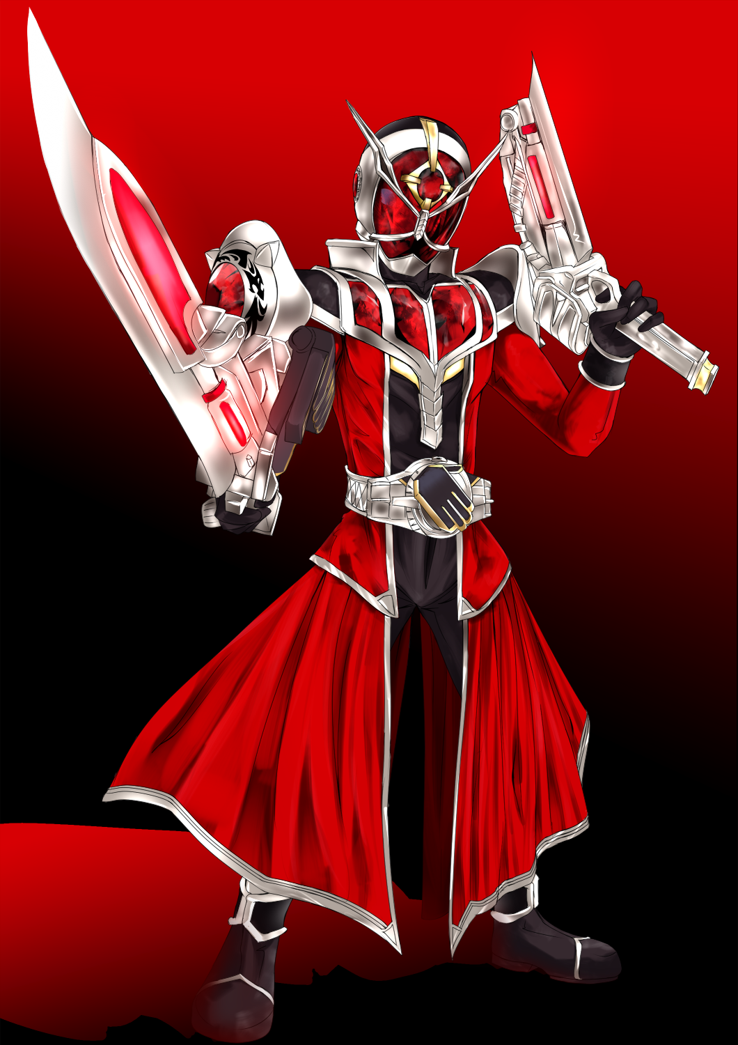 1boy armor belt black_background black_boots black_gloves boots coat commentary_request flame_style gem gloves gradient_background helmet highres kamen_rider kamen_rider_wizard kamen_rider_wizard_(series) long_coat long_sleeves looking_at_viewer male_focus nomayo red_background red_coat red_gemstone rider_belt solo standing tokusatsu wizardriver