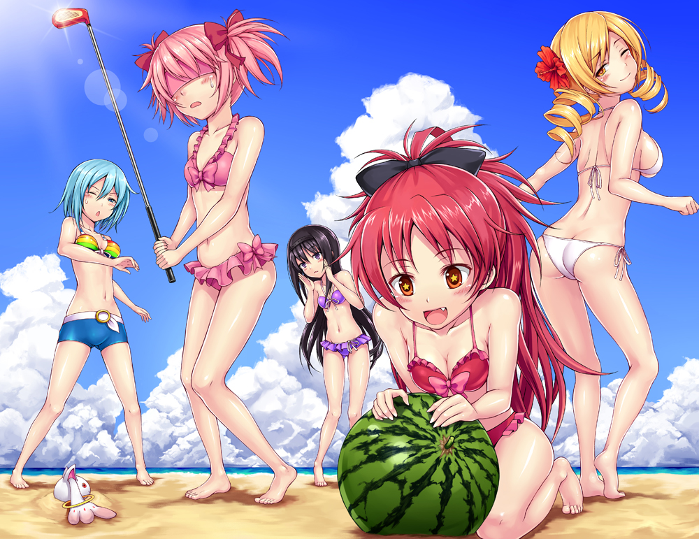 10s 5girls akemi_homura ass back bandeau bare_shoulders beach bikini bikini_skirt black_hair blindfold blonde_hair blue_eyes blue_hair blush bow breasts buried butt_crack cleavage cloud day drill_hair everyone fang flat_chest flower food frills front-tie_top fruit golf_club hair_bow hair_flower hair_ornament hairband hibiscus holding holding_food holding_fruit holding_watermelon kaname_madoka kyubey lens_flare long_hair looking_back maazyu mahou_shoujo_madoka_magica mahou_shoujo_madoka_magica_(anime) medium_breasts miki_sayaka multiple_girls navel one_eye_closed orange_eyes outdoors panties pink_hair ponytail purple_eyes red_hair sakura_kyoko sand shiny_skin short_hair short_twintails shorts side-tie_bikini_bottom sideboob sky small_breasts smile star-shaped_pupils star_(symbol) suikawari sweatdrop swimsuit symbol-shaped_pupils tomoe_mami twin_drills twintails underwear watermelon wink yellow_eyes