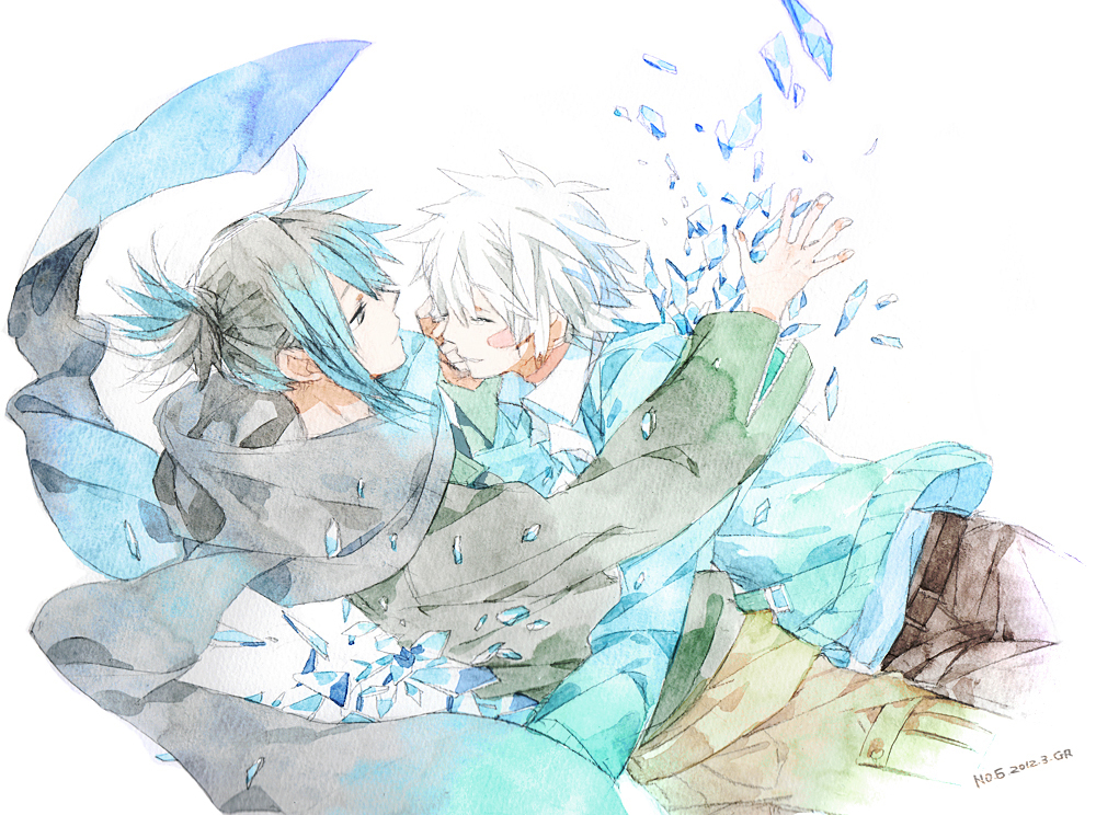 2boys ^_^ belt belt_buckle black_hair blue_jacket blush_stickers brown_belt brown_pants buckle closed_eyes collared_shirt copyright_name cropped_legs dated falling fingernails floating_clothes gomas green_eyes grey_scarf hood hood_down hooded_jacket hug ice_crystal jacket long_sleeves male_focus multiple_boys nezumi_(no.6) no.6 open_clothes open_jacket pants parted_lips ponytail scarf shion_(no.6) shirt short_hair short_ponytail smile sweater_jacket white_background white_hair white_shirt yaoi yellow_pants zipper
