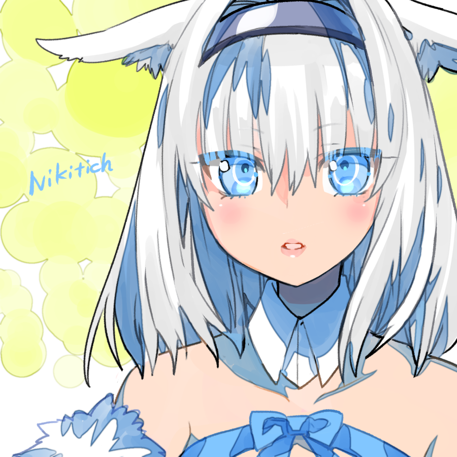 1girl animal_ear_fluff animal_ears bare_shoulders blue_bow blue_eyes blush bow breasts cat_ears cat_girl character_name detached_collar dobrynya_nikitich_(fate) dobrynya_nikitich_(second_ascension)_(fate) fate/grand_order fate_(series) fur_trim hair_bow hairband long_hair looking_at_viewer low_ponytail ponytail robina solo white_hair