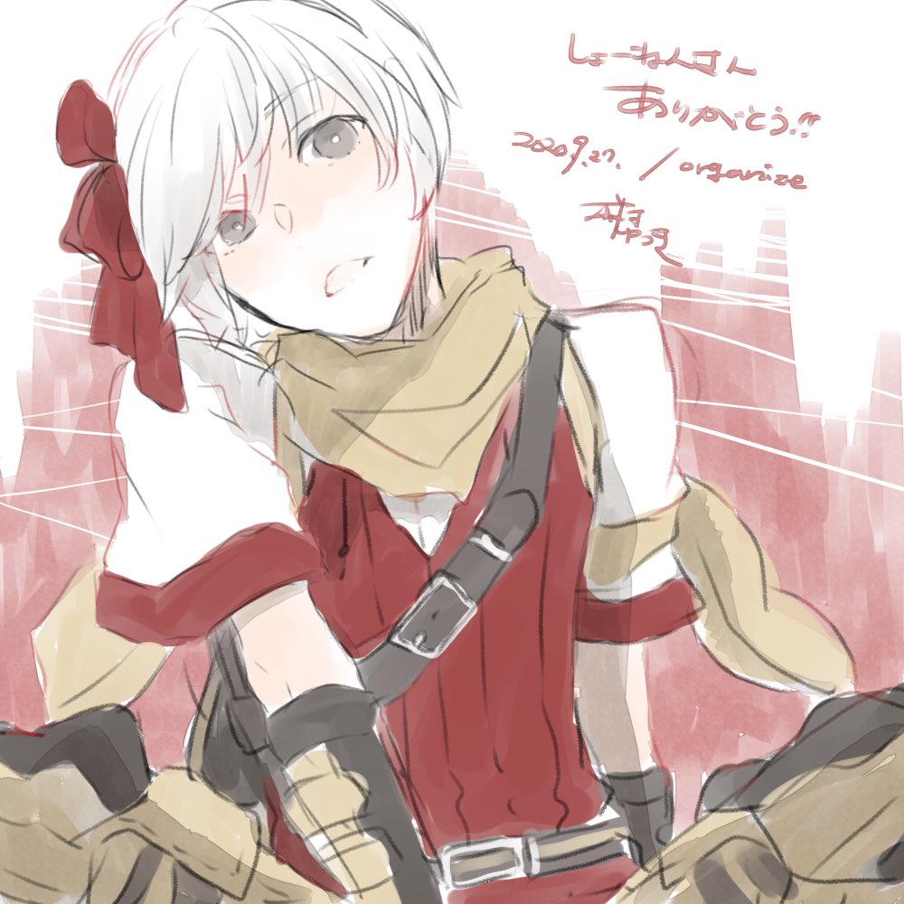 1boy black_gloves bow brown_scarf commentary_request dated gloves grey_eyes hair_bow head_tilt looking_at_viewer male_focus official_alternate_costume open_mouth ragnarok_online ranger_(ragnarok_online) red_background red_bow red_vest scarf shirt short_hair short_sleeves solo translation_request upper_body vest white_hair white_shirt yutsuki