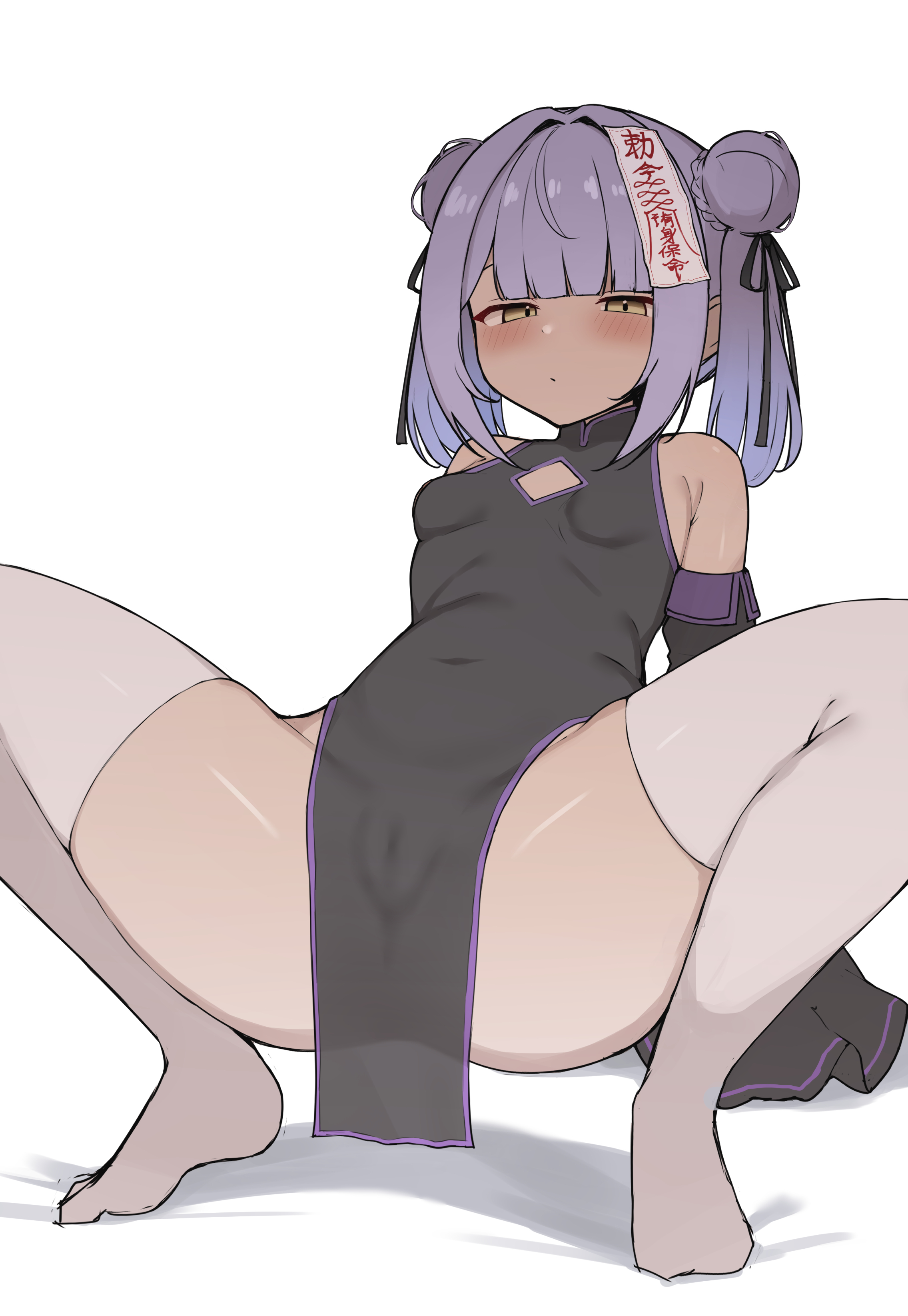 1girl :/ absurdres ahoge alternate_costume arm_support bare_shoulders black_dress black_ribbon black_sleeves blunt_bangs blush breasts bun_with_braided_base cameltoe china_dress chinese_clothes cleavage_cutout closed_mouth clothing_cutout covered_navel covered_pussy detached_sleeves diamond_cutout double_bun dress hair_bun hair_intakes hair_ribbon hands_on_floor highres jiangshi_costume leaning_back looking_at_viewer m_legs mandarin_collar medium_hair moriartea no_panties no_shoes ofuda ofuda_on_head paid_reward_available pelvic_curtain purple_hair ribbon shadow shinomiya_runa shiny_skin side_slit side_up_bun sidelocks simple_background sleeveless sleeveless_dress sleeves_past_fingers sleeves_past_wrists small_breasts solo spread_legs squatting thighhighs tight_clothes tight_dress translucent twintails virtual_youtuber vspo! white_background white_thighhighs yellow_eyes