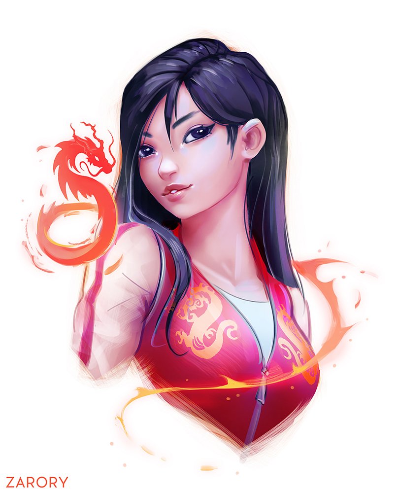 1girl black_hair brown_eyes casual disney fa_mulan_(disney) long_hair looking_at_viewer mulan_(movie) shirt short_hair simple_background smile solo sweater upper_body wreck-it_ralph zarory