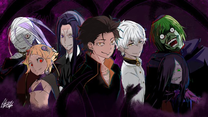 2girls alternate_costume alternate_universe bandaged_head bandages bikini bikini_top_only black_capelet black_hair blonde_hair cape capelet capella_emerada_lugnica coat colored_skin dark_persona formal_clothes green_eyes green_hair green_skin hair_over_one_eye long_hair multiple_boys multiple_girls natsuki_subaru petelgeuse_romaneeconti priest_hat purple_eyes purple_hair re:zero_kara_hajimeru_isekai_seikatsu red_eyes regulus_corneas reverse_outfit roy_alphard sanpaku sharp_teeth shirt short_hair sirius_(re:zero) stride_vollachia suit swimsuit t-shirt teeth white_coat white_hair yellow_eyes