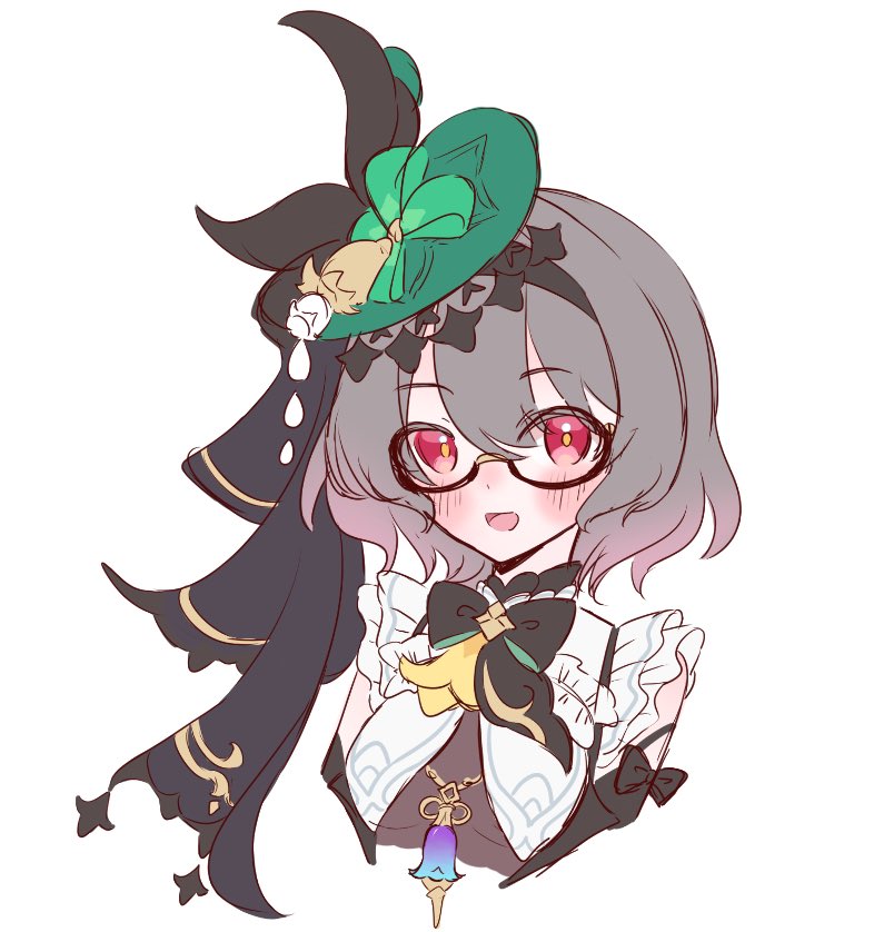 1girl :d black-framed_eyewear black_bow blush bow commentary_request commission company_connection cosplay cropped_torso emilie_(genshin_impact) emilie_(genshin_impact)_(cosplay) genshin_impact glasses green_hat grey_hair hair_between_eyes hat honkai_(series) honkai_impact_3rd koyoi_yyyoi looking_at_viewer mihoyo open_mouth red_eyes simple_background smile solo upper_body vita_(honkai_impact) voice_actor_connection white_background