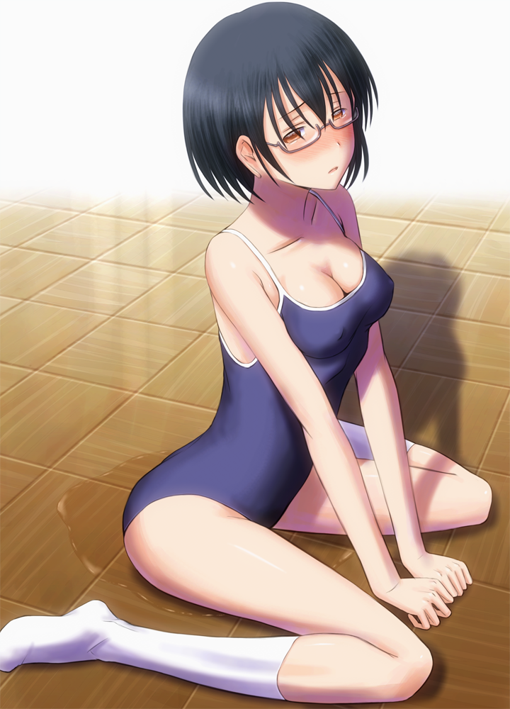 1girl asobi_asobase between_legs black_hair blue_one-piece_swimsuit blush bonnie_(rsg) breasts cleavage collarbone covered_erect_nipples glasses grey-framed_eyewear hair_between_eyes hand_between_legs kneehighs medium_breasts nomura_kasumi one-piece_swimsuit pee peeing peeing_self red_eyes school_swimsuit short_hair sitting socks solo swimsuit wariza white_socks