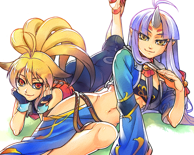 2girls ahoge animal_ears antenna_hair arm_support bandeau bell blonde_hair brown_eyes brown_hair folded_fan facial_mark fingerless_gloves folding_fan forehead_mark fox_ears gloves hand_fan head_rest hip_vent horns hpa_(foolish_factory) jingle_bell legs_up long_hair long_skirt lying midriff multiple_girls namco_x_capcom navel on_side on_stomach pointy_ears ponytail silver_hair single_horn skirt smile strapless super_robot_wars super_robot_wars_og_saga_mugen_no_frontier suzuka_hime tube_top xiaomu yellow_eyes