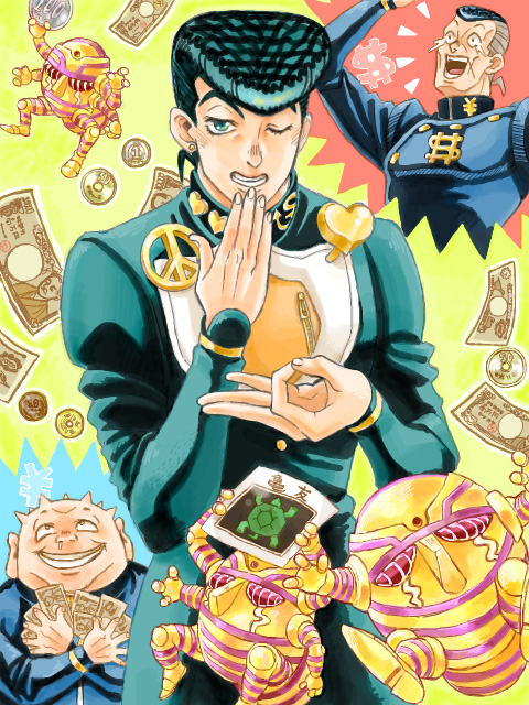 3boys coin gakuran harvest_(stand) higashikata_josuke jojo_no_kimyou_na_bouken looking_at_viewer male_focus money multiple_boys nijimura_okuyasu nora_(act2) one_eye_closed pompadour school_uniform stand_(jojo) yangu_shigekiyo