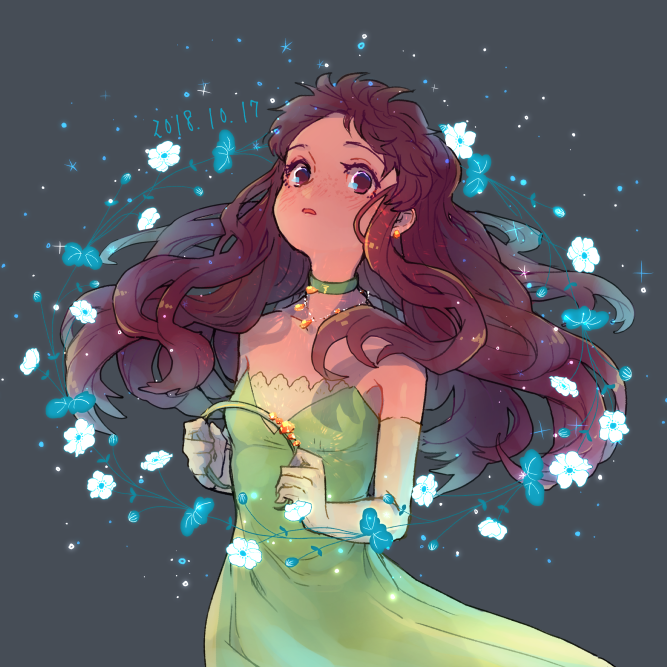 1girl 2018 brown_hair choker collarbone dated dress elbow_gloves floating_hair freckles gloves green_choker green_dress green_hairband grey_background hairband unworn_hairband holding isuzu_(log_horizon) log_horizon long_hair looking_at_viewer mo_(deciliter) open_mouth red_eyes shiny_skin sleeveless sleeveless_dress solo strapless strapless_dress very_long_hair white_gloves