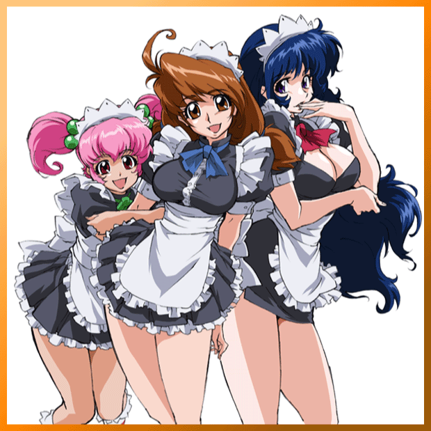 00s 3girls arisugawa_mayuko blue_hair breasts brown_hair cleavage curvy female_focus hanao_usagi happy hug huge_breasts iyashite_agerun_saiyuki long_hair maid moriyama_izumi multiple_girls pink_hair shiny_skin skirt team thong twintails uchida_yorihisa