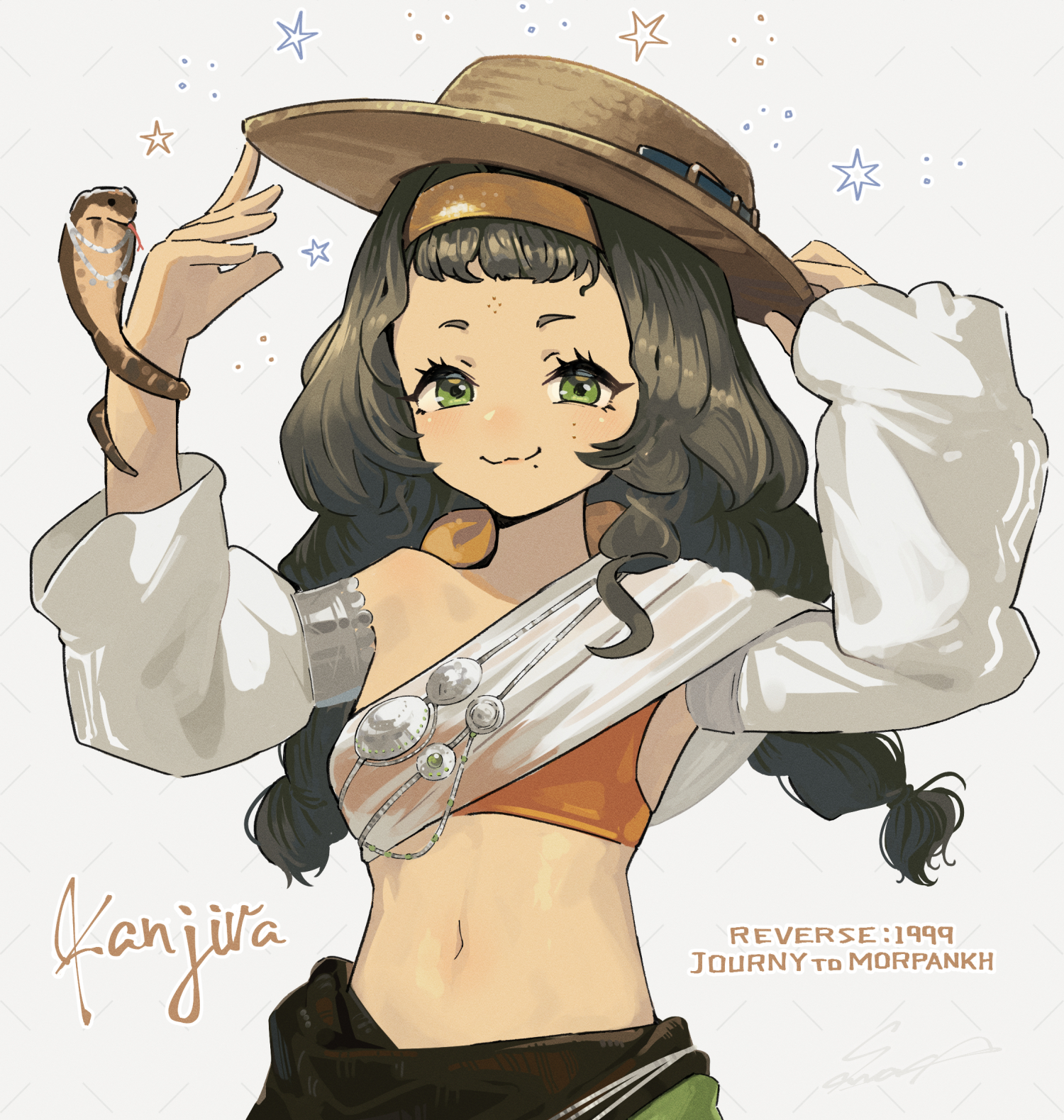 1girl :3 animal_on_arm black_hair braid breasts character_name closed_mouth copyright_name crop_top detached_sleeves eyelashes facial_mark forehead_mark green_eyes grey_background hairband hands_on_headwear hands_up hat highres jewelry kanjira long_hair looking_at_viewer midriff mole mole_above_eye mole_under_eye mole_under_mouth reverse:1999 sash sawasa shoulder_sash small_breasts smile snake sparkle straw_hat twin_braids twintails upper_body white_sleeves