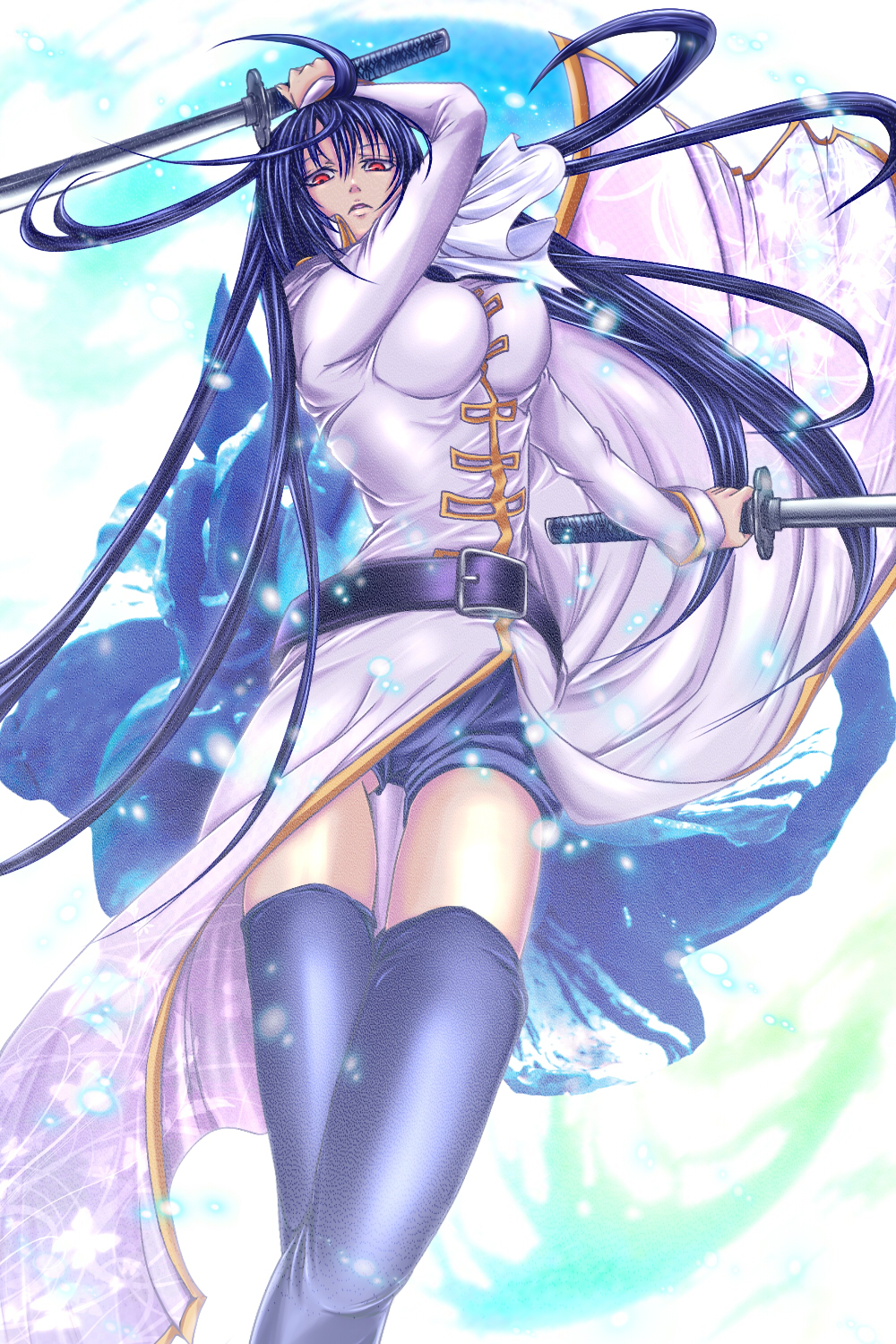 1girl black_thighhighs cowboy_shot female_focus from_below gintama highres imai_nobume short_shorts shorts solo standing tagme thighhighs thighs