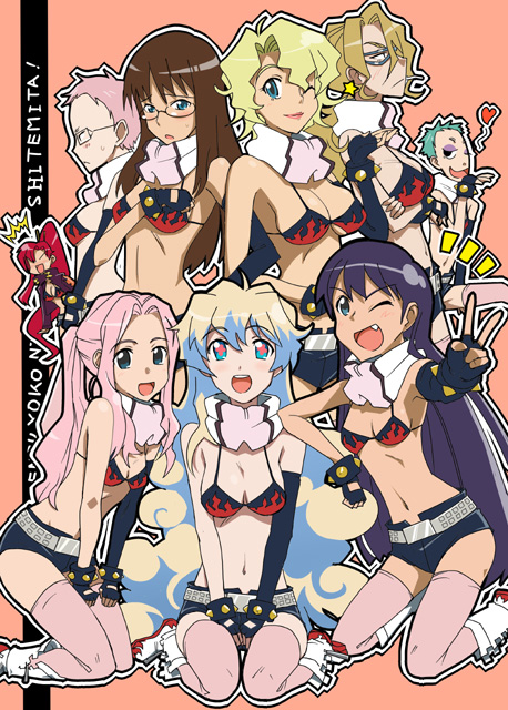 1boy 6+girls belt bikini bikini_top_only blonde_hair boots breasts brown_hair cleavage cosplay cybela_kuto darry_adai elbow_gloves everyone fang fingerless_gloves glasses gloves green_hair heart kinon_bachika kiyal_bachika kiyoh_bachika large_breasts leeron_littner leite_jokin long_hair medium_breasts midriff multiple_girls navel nia_teppelin pink_hair ponytail purple_hair scarf short_hair short_shorts shorts swimsuit tengen_toppa_gurren_lagann thighhighs urokozuki v white_hair yoko_littner yoko_littner_(cosplay)